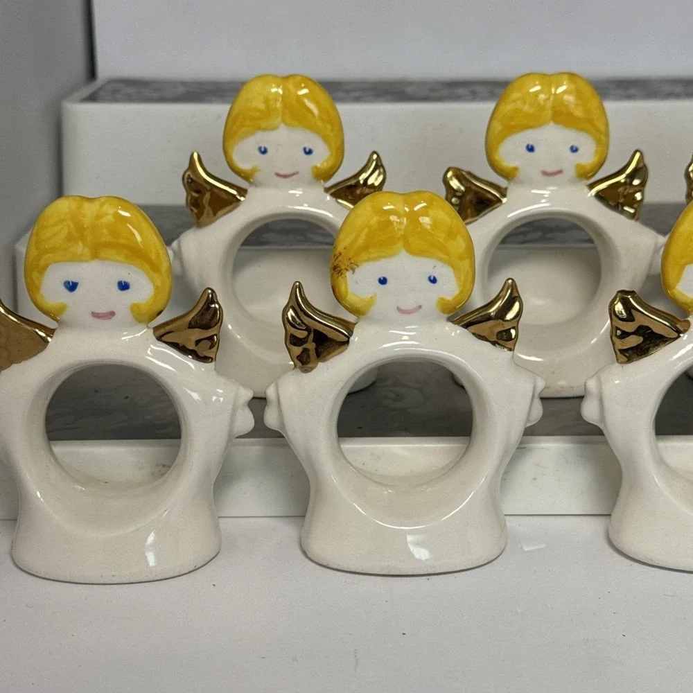 VTG Ceramic‎ Set 8 Standing Angel Napkin Holders Rings White Christmas Dinner